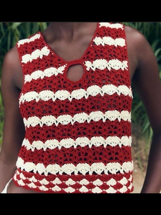 Zara Tops - Zara Red & White Crochet Keyhole Tank